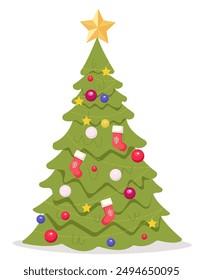  Festive Christmas tree in flat style. Decorated green pine tree with Xmas balls, star and socks. Happy New Year concept