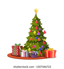 Festive christmas tree flat vector illustration. Traditional xmas house decoration. Presents under fir tree decorated with garlands, various toys and star. New year, Winter holiday celebration