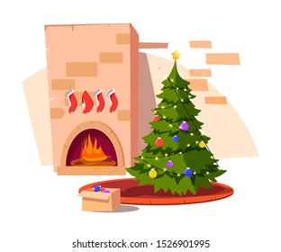 Festive christmas tree flat vector illustration. Traditional xmas house decoration. Present under fir tree decorated with garlands, various toys and star. New year, Winter holiday celebration