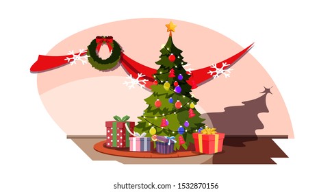 Festive Christmas Tree Flat Vector Illustration. Traditional Xmas House Decoration. Presents Under Fir Tree Decorated With Garlands, Various Toys And Star. New Year, Winter Holiday Celebration