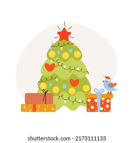 Festive Christmas Tree flat vector illustration. Lots of Gifts for the Winter holidays. Traditional xmas house decoration. Presents under fir Tree. New Year, Winter holiday celebration. 