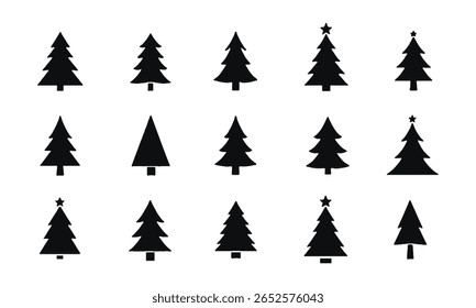 Festive Christmas Tree Graphics in Monochrome Silhouette Style, Elegant Holiday Tree Silhouettes with Classic and Abstract Forms