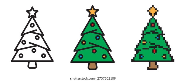 Conjunto de iconos festivos de árbol de Navidad con trazo editable, estilo plano colorido y arte retro de píxeles