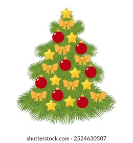 A festive Christmas tree illustration decorated with red baubles, golden stars, and yellow bows. This vector design is ideal for Christmas themed card, poster, or digital invitation.