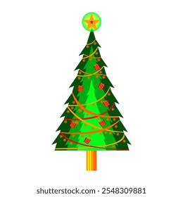 "Festive Christmas tree illustration decorated with red gifts, golden garlands, and a glowing star topper, symbolizing holiday cheer and celebration on a white background."

