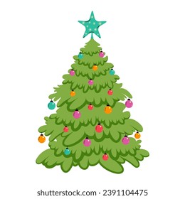 Festive Christmas tree isolated on white background. Christmas tree toys. Fluffy spruce hand-drawn. Winter theme greeting card. Holiday Backgrounds. Vector flat illustration.