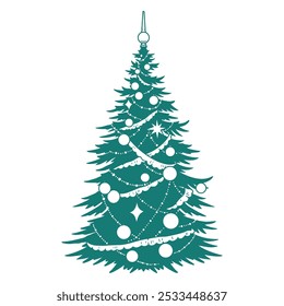 Festive Christmas tree monochrome sticker with glowing garlands and glass balls to decorate december apartment vector illustration