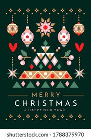 Festive Christmas tree and ornaments greeting card design for the holiday season over text, colored vector illustration