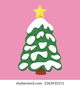 Festive Christmas tree or pine with snow and star on top, winter holidays design element, vector
