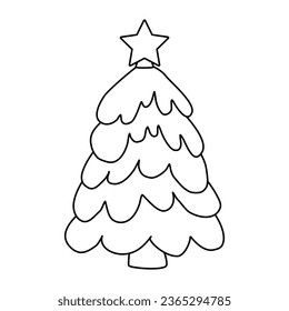 Festive Christmas tree or pine with star on top, doodle style flat vector outline for coloring book