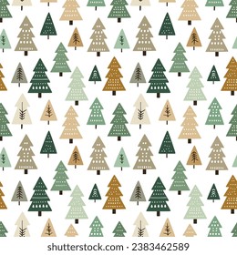 Festive Christmas Tree seamless pattern in hues of light olive green, light brown, and pastel gold on white background.