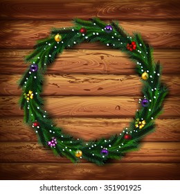 festive Christmas tree. vector border.  wooden planks background