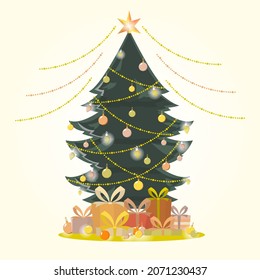 
Festive Christmas tree vector illustration. Traditional Christmas home decoration. The tree is decorated with a yellow garland. Gifts under the tree, balls and a star. New Year, Winter Holiday
