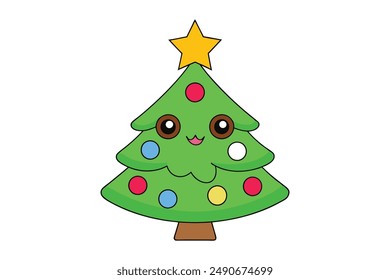 Festive Christmas tree vector illustration: cartoon, clipart, line art design for digital download