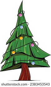 Festive Christmas trees in cartoon style. Decorated green fir-trees and pines with snowy branches and gift boxes, Xmas star, balls, candies and lights. Happy New Year concep