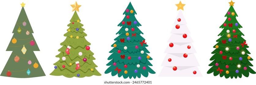 Festive Christmas trees. Colorful winter trees collection for holiday xmas andnew year. Transparent background vecor illustration