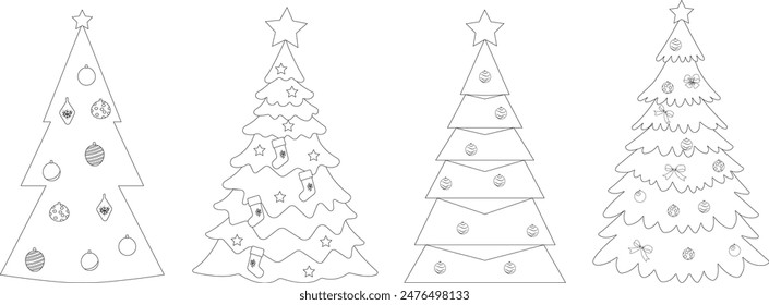 Festive Christmas trees doodle illustrations. Line art winter trees collection for holiday xmas and new year. Transparent background vector