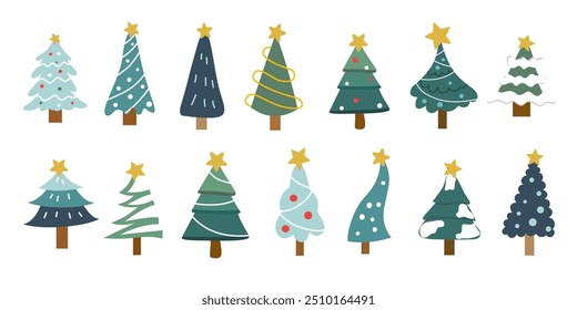 Festive Christmas trees element. Colorful winter trees collection for holiday christmas and new year. white background vector illustration