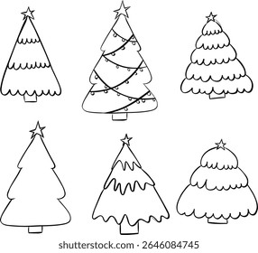 Conjunto aislado de árboles de Navidad festivos. Ilustración de tinta de línea gráfica de Vector. Colección de árboles negros de invierno para las vacaciones de Navidad y año nuevo. Para cartel, volante, Anuncio, invitación, redes sociales, fiesta
