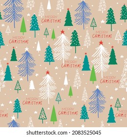 Festive christmas trees vector seamless pattern background design, green white red blue on light brown, wallpaper, textile fashion print, scrapbooking, invitation, christmas card, decoration, wrapping