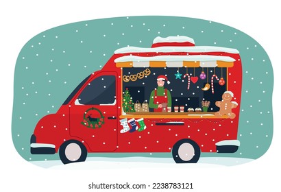 A festive Christmas truck with hot drinks, sweets and pastries. Winter street food trade. Vector illustration.