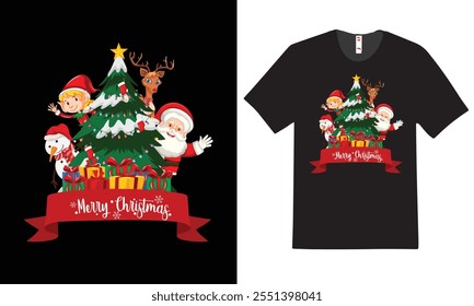 "Festive Christmas T-shirt design featuring holiday symbols like Santa, snowflakes, and reindeer for a cheerful, seasonal look."