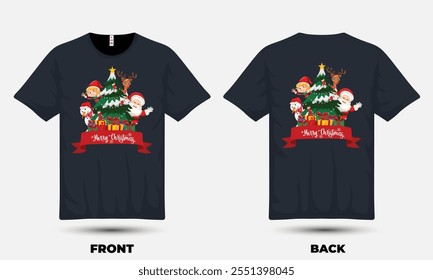 "Festive Christmas T-shirt design featuring holiday symbols like Santa, snowflakes, and reindeer for a cheerful, seasonal look."