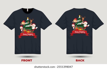 "Festive Christmas T-shirt design featuring holiday symbols like Santa, snowflakes, and reindeer for a cheerful, seasonal look."