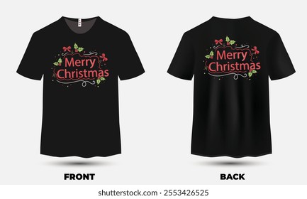 "Festive Christmas T-shirt design featuring cheerful holiday elements like Santa, snowflakes, and a vibrant 'Merry Christmas' message."