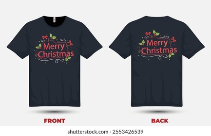 "Festive Christmas T-shirt design featuring cheerful holiday elements like Santa, snowflakes, and a vibrant 'Merry Christmas' message."