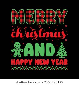 A festive Christmas t-shirt design featuring cheerful elements like Santa Claus, Christmas trees, snowflakes, ornaments, and reindeer. Popular colors include red, green, and white,