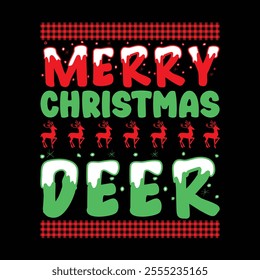 A festive Christmas t-shirt design featuring cheerful elements like Santa Claus, Christmas trees, snowflakes, ornaments, and reindeer. Popular colors include red, green, and white,