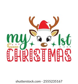 A festive Christmas t-shirt design featuring cheerful elements like Santa Claus, Christmas trees, snowflakes, ornaments, and reindeer. Popular colors include red, green, and white,