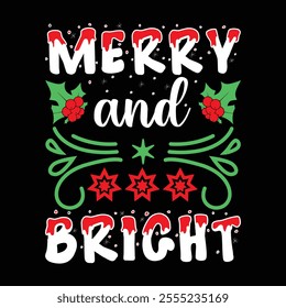 A festive Christmas t-shirt design featuring cheerful elements like Santa Claus, Christmas trees, snowflakes, ornaments, and reindeer. Popular colors include red, green, and white,