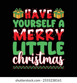 A festive Christmas t-shirt design featuring cheerful elements like Santa Claus, Christmas trees, snowflakes, ornaments, and reindeer. Popular colors include red, green, and white, 