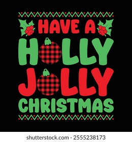 A festive Christmas t-shirt design featuring cheerful elements like Santa Claus, Christmas trees, snowflakes, ornaments, and reindeer. Popular colors include red, green, and white, 