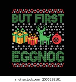 A festive Christmas t-shirt design featuring cheerful elements like Santa Claus, Christmas trees, snowflakes, ornaments, and reindeer. Popular colors include red, green, and white, 