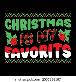 A festive Christmas t-shirt design featuring cheerful elements like Santa Claus, Christmas trees, snowflakes, ornaments, and reindeer. Popular colors include red, green, and white, 