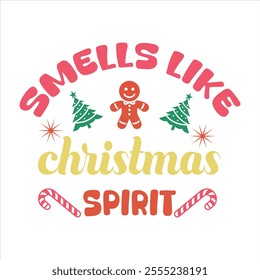 A festive Christmas t-shirt design featuring cheerful elements like Santa Claus, Christmas trees, snowflakes, ornaments, and reindeer. Popular colors include red, green, and white, 