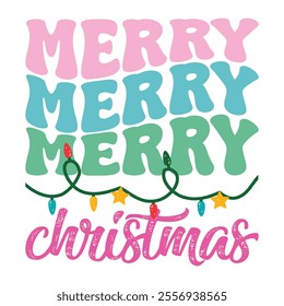 A festive Christmas T-shirt design featuring a cheerful mix of holiday elements. Think Santa hats, snowflakes, candy canes, Christmas trees, and a warm "Merry Christmas" greeting in bold, 