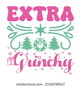A festive Christmas T-shirt design featuring a cheerful mix of holiday elements. Think Santa hats, snowflakes, candy canes, Christmas trees, and a warm "Merry Christmas" greeting in bold, 