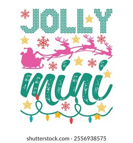 A festive Christmas T-shirt design featuring a cheerful mix of holiday elements. Think Santa hats, snowflakes, candy canes, Christmas trees, and a warm "Merry Christmas" greeting in bold, 