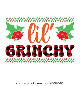 A festive Christmas T-shirt design featuring a cheerful mix of holiday elements. Think Santa hats, snowflakes, candy canes, Christmas trees, and a warm "Merry Christmas" greeting in bold, 