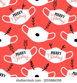Festive Christmas typography design with Reindeer element seamless pattern in doodle style on red background for Christmas fashion print, wallpaper, gift wrapping paper etc.
