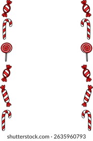 Festive Christmas vector border design featuring candy canes, lollipops, and wrapped sweets in a cheerful red and white color scheme, perfect for holiday invitations or cards.