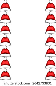Festive Christmas vector border design featuring a repeating pattern of cheerful Santa hats in vibrant red and white, perfect for holiday cards or winter-themed projects.