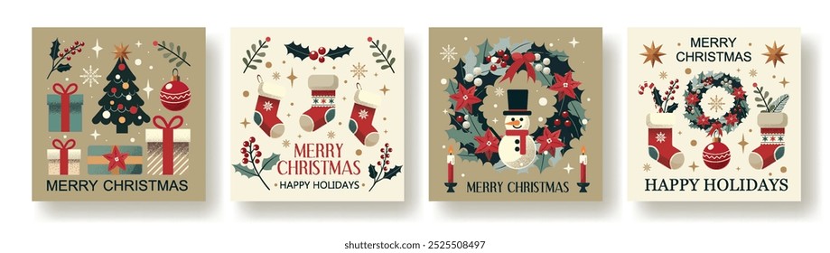 Festive Christmas Vector Card Set with Wreaths, Snowman, Stockings, and Holiday Decorations in a Minimalistic, Cozy Style. Perfect for Holiday Greetings and Seasonal Design Projects