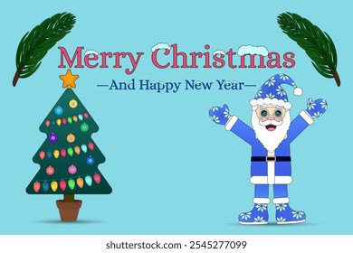 Vetor de Natal festivo com uma árvore decorada e um Papai Noel azul alegre, perfeito para cartões de férias e desenhos sazonais.