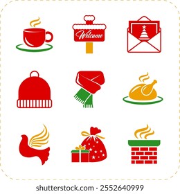 Festive Christmas vector icons featuring wrapped gifts, stockings, candles, and wreaths in flat design with subtle gradients. Perfect for holiday cards, websites, and seasonal decorations!