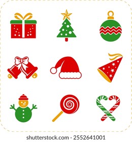 Festive Christmas vector icons featuring wrapped gifts, stockings, candles, and wreaths in flat design with subtle gradients. Perfect for holiday cards, websites, and seasonal decorations!